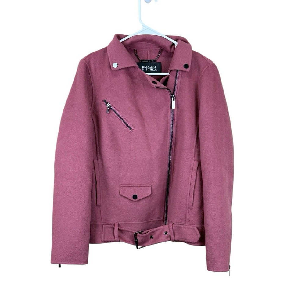 Badgley Mischka Women's Wool Blend Moto Biker Jacket Pink Zip Front Belted